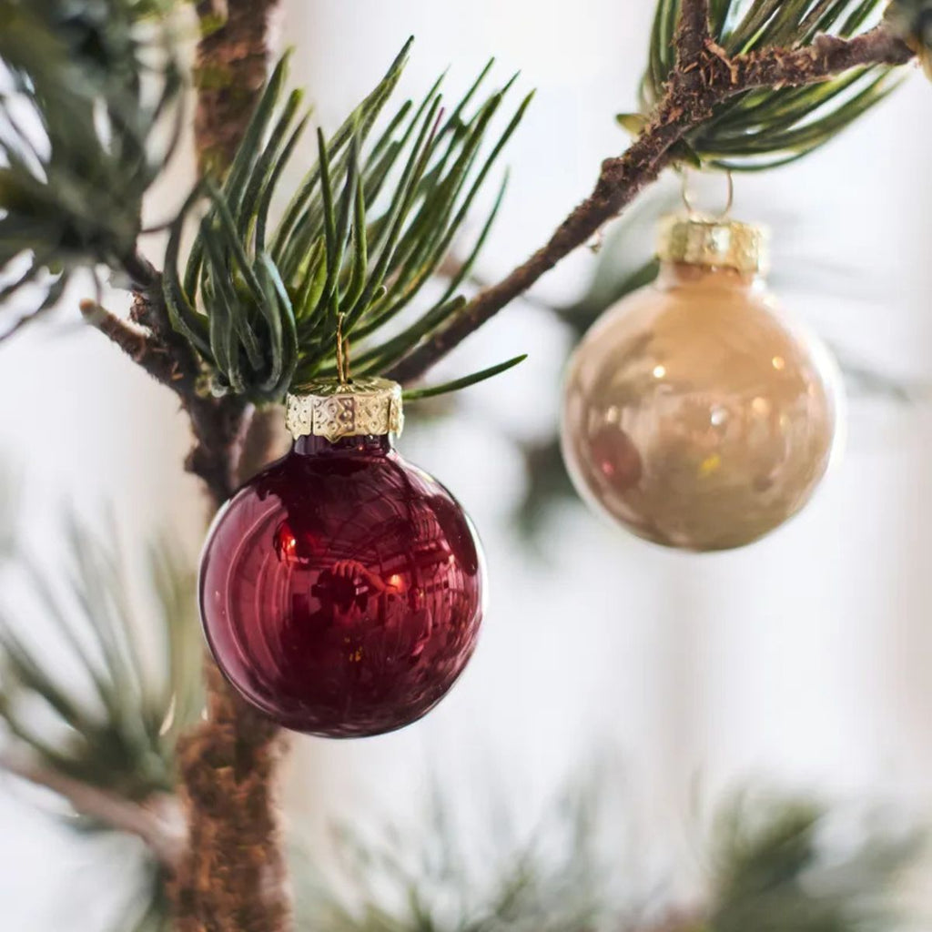 Red and gold Christmas ornaments on a tree branch with a blurred background