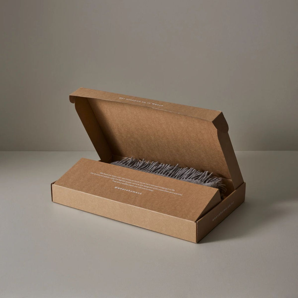 Open brown cardboard box with a gray product inside on a neutral background