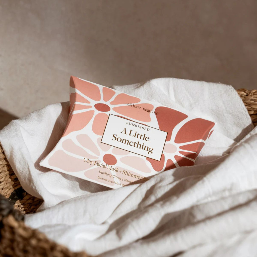 product packaging on a white cloth in a basket.