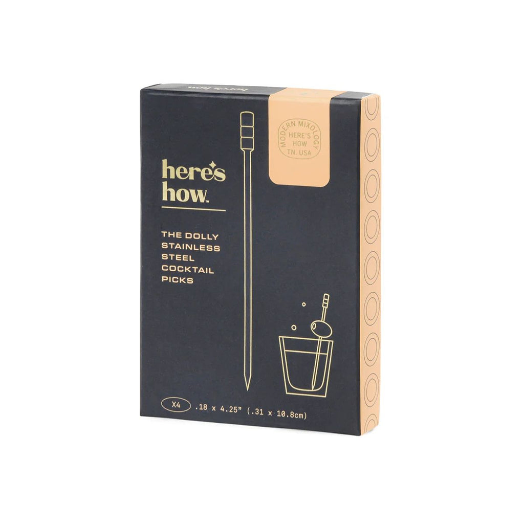 Box of cocktail picks with branding and product details on a white background