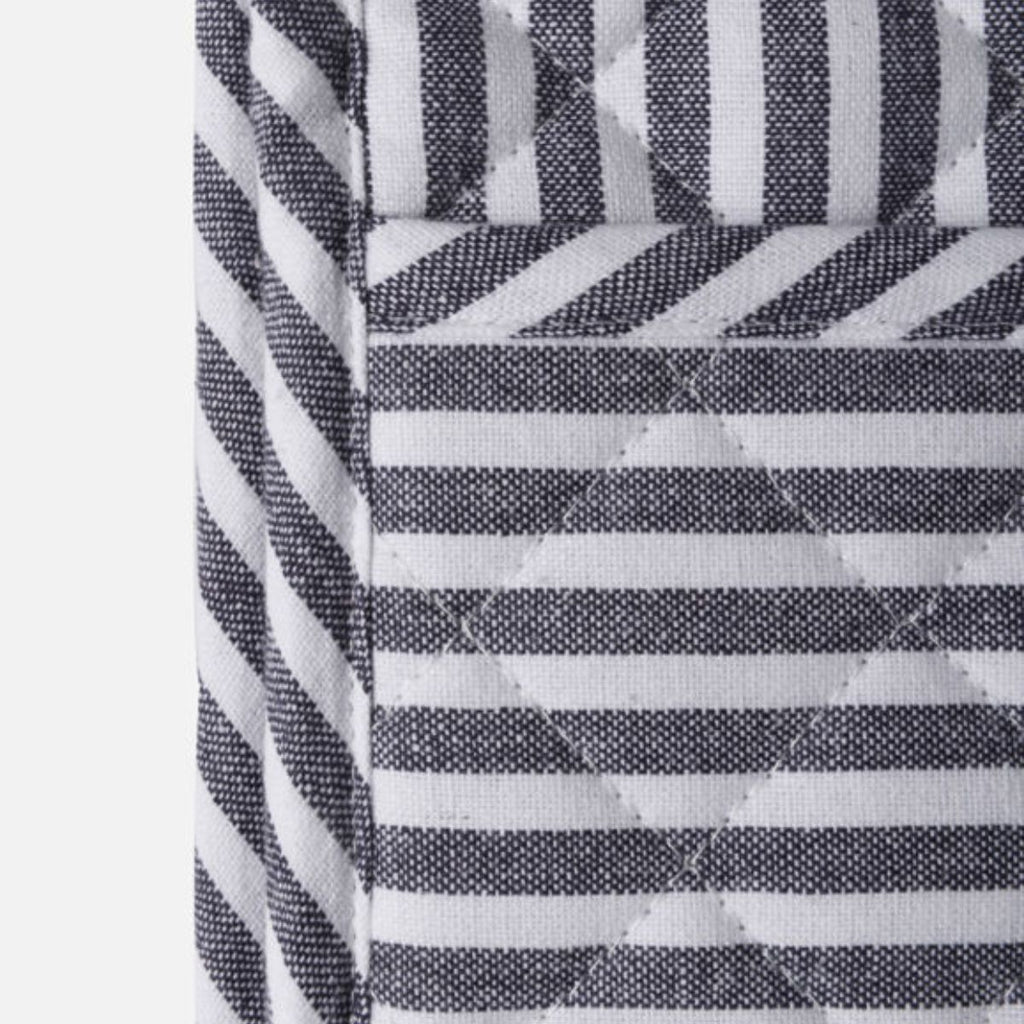 Blue and white striped oven mit on a white background