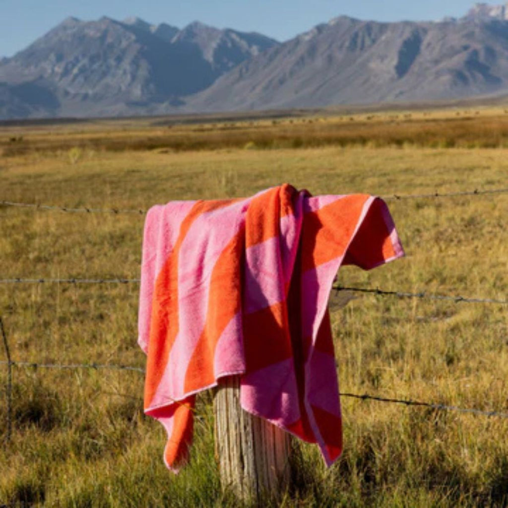 Pink and orange striped towel draped over a fence post in a field with mountains in the background