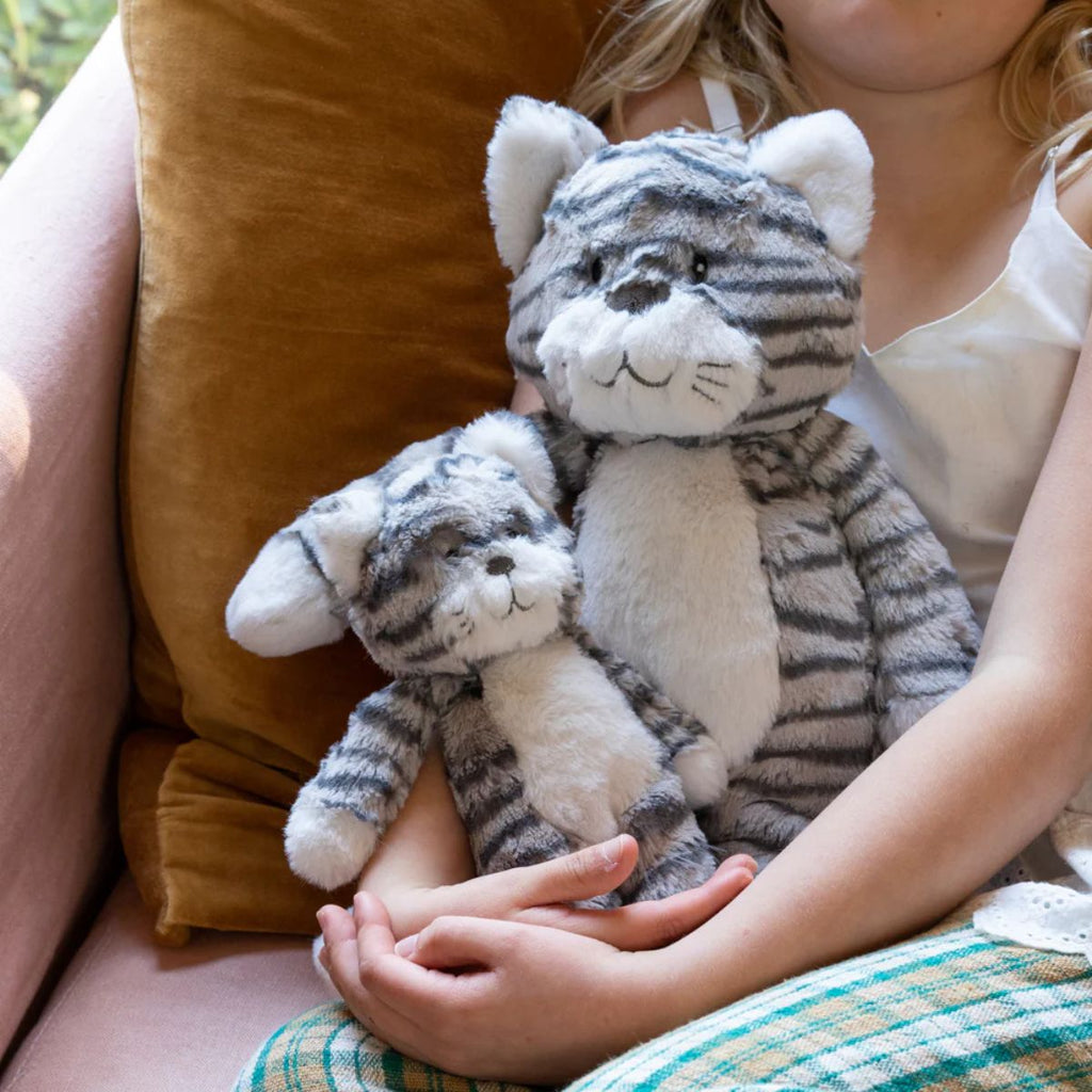 Person holding two plush tiger toys on a couch