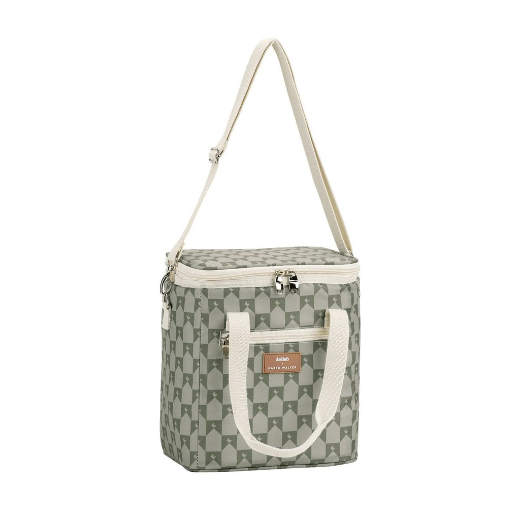Patterned cooler bag with a strap on a white background