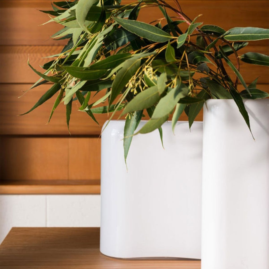 Two white vases with green leaves against a wooden background