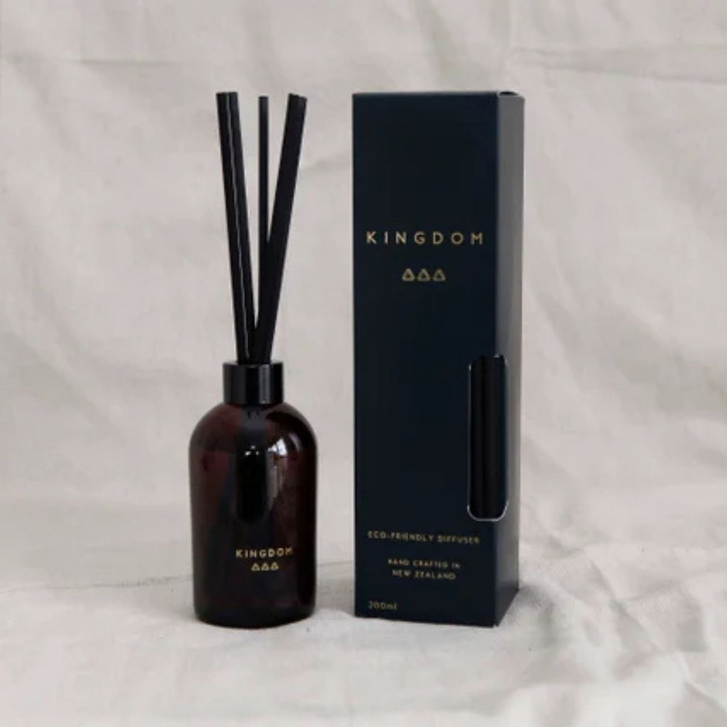 Brown diffuser bottle with black sticks and matching black box on a light gray background