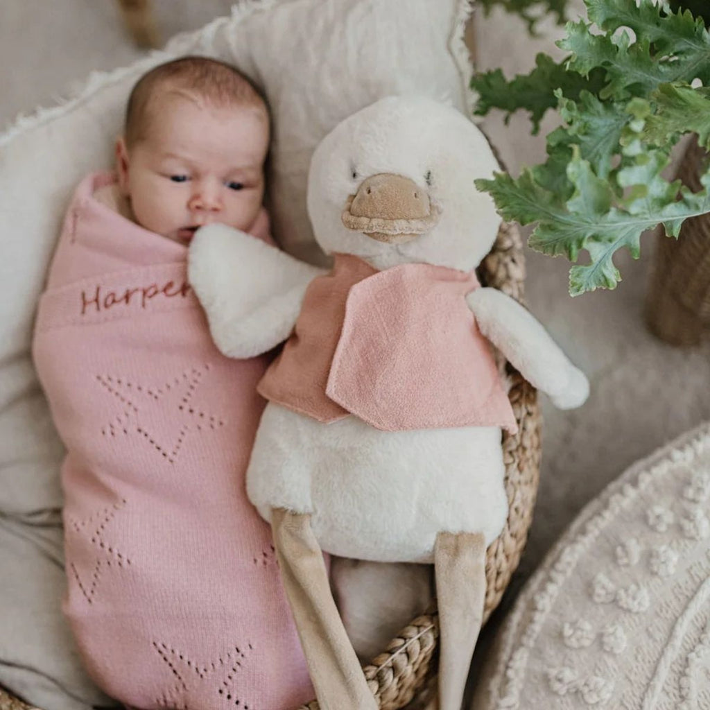 Newborn baby wrapped in a pink blanket with a plush toy duck next to them, surrounded by soft textures and plants.