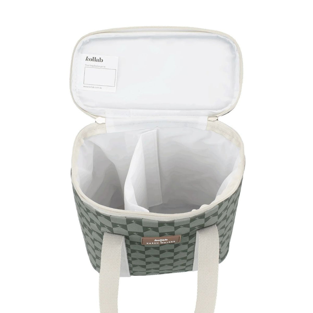 Green and white patterned cooler bag with a white lid on a white background