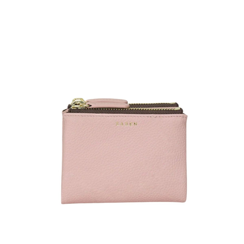 Pink wallet with a gold zipper on a white background