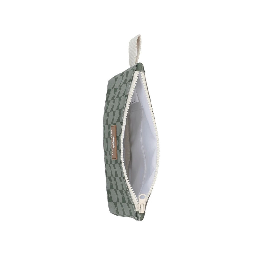 Green checkered pouch with a zipper on a white background