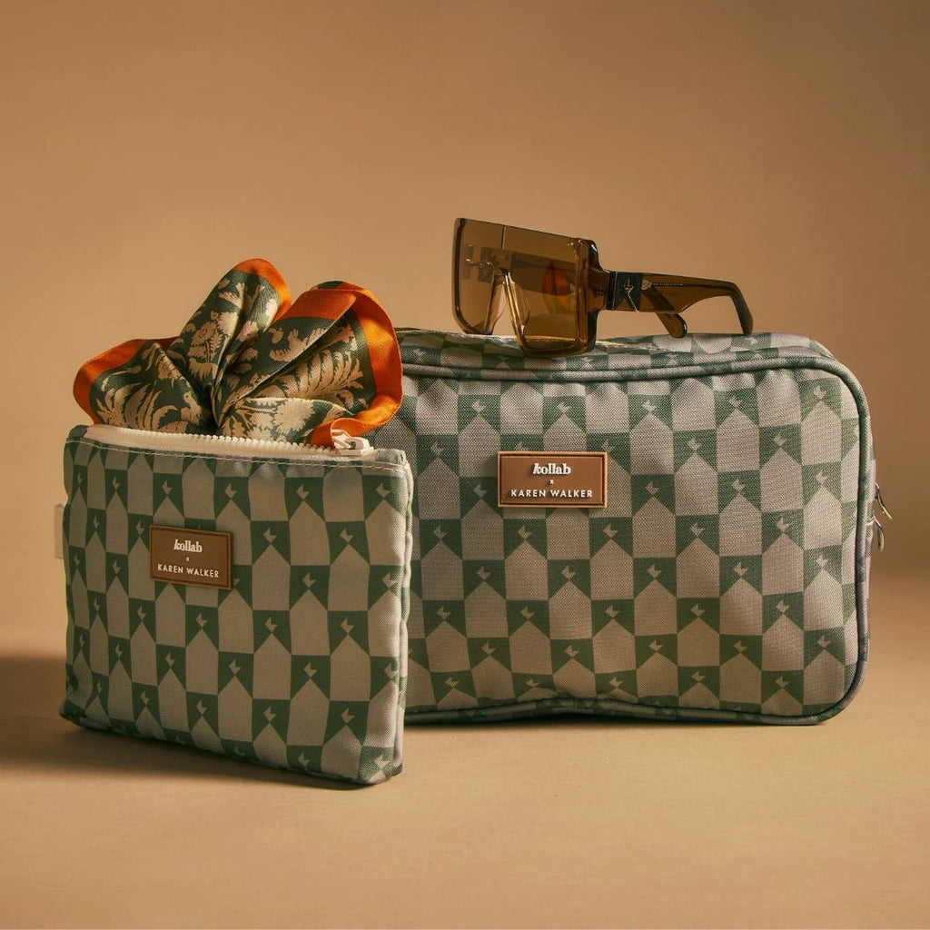 Two green patterned pouches with a bow and sunglasses on a beige background