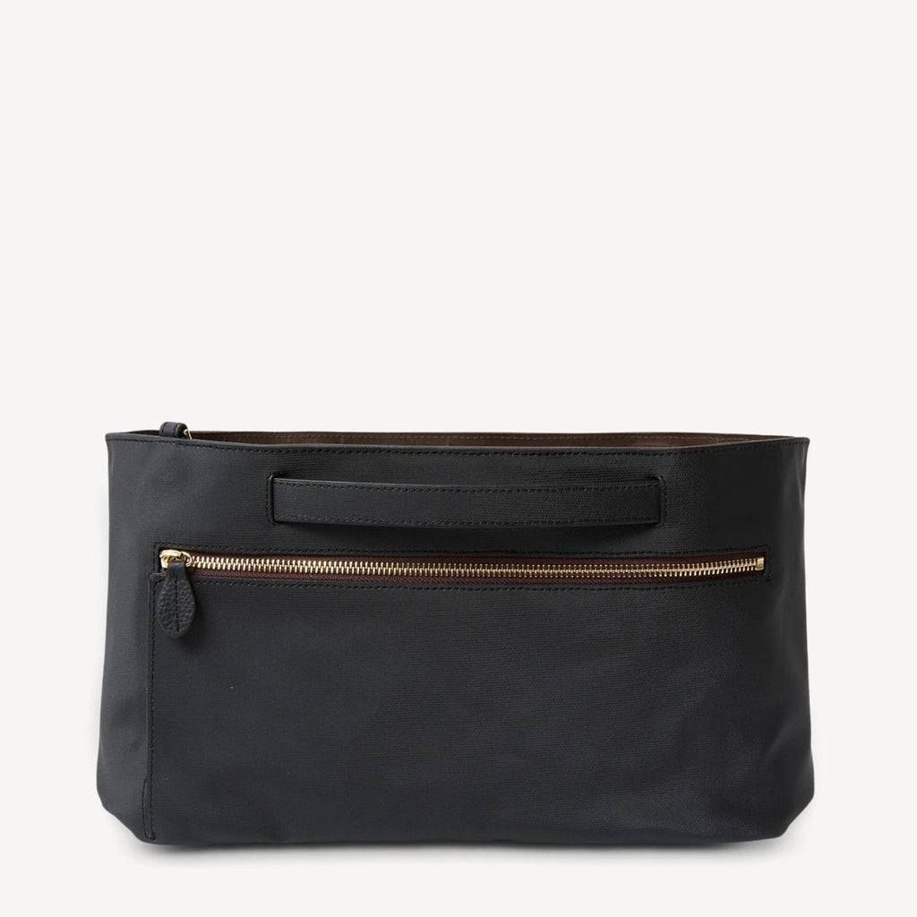 Black clutch bag with a gold zipper on a white background