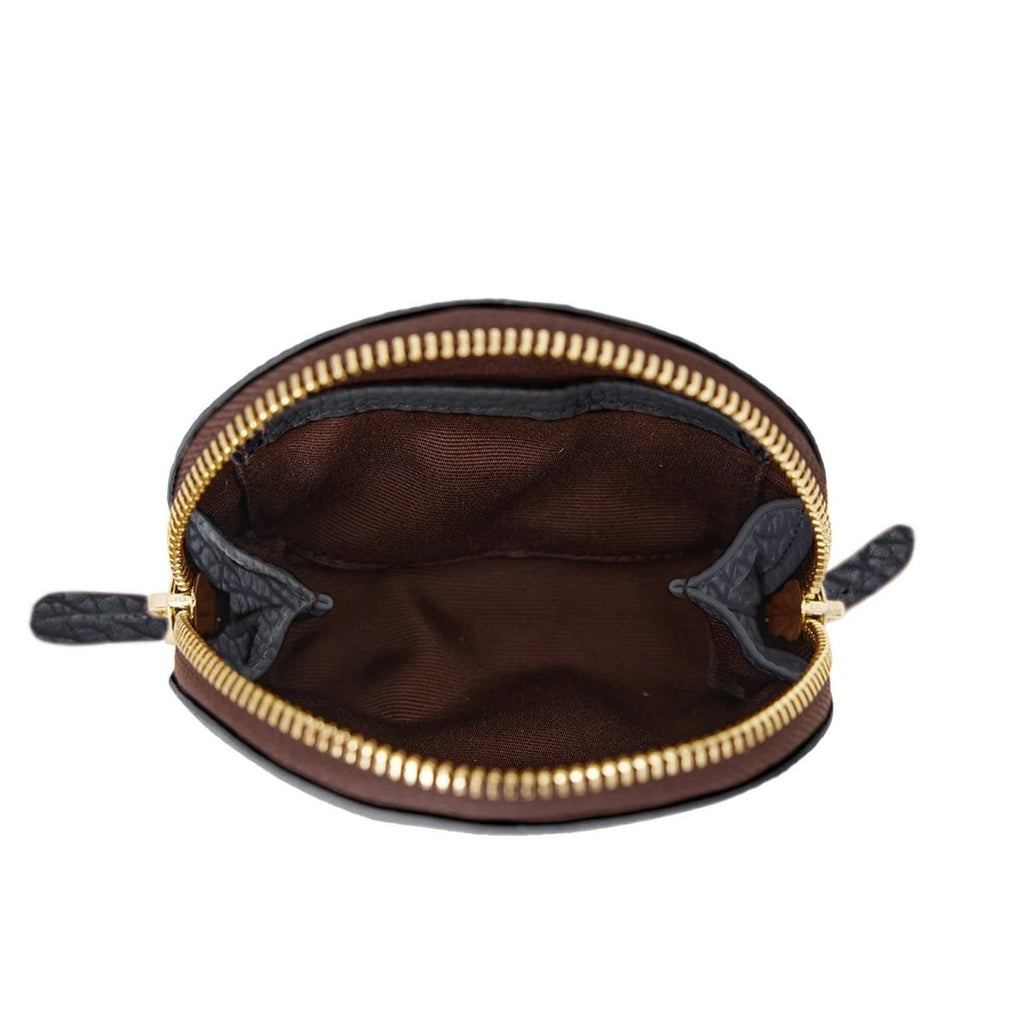 Small round pouch with gold zipper on a white background