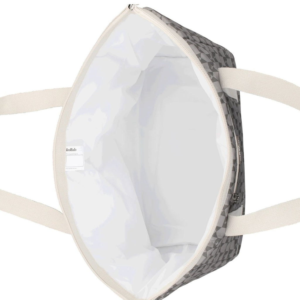 Gray and white face mask with a visible brand label on a white background