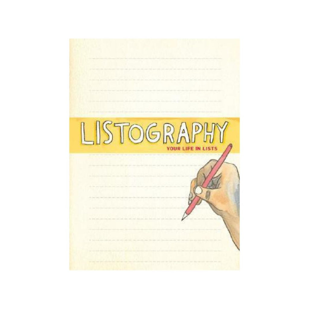 Notebook cover with 'Listography' text and a hand holding a pen on a white background