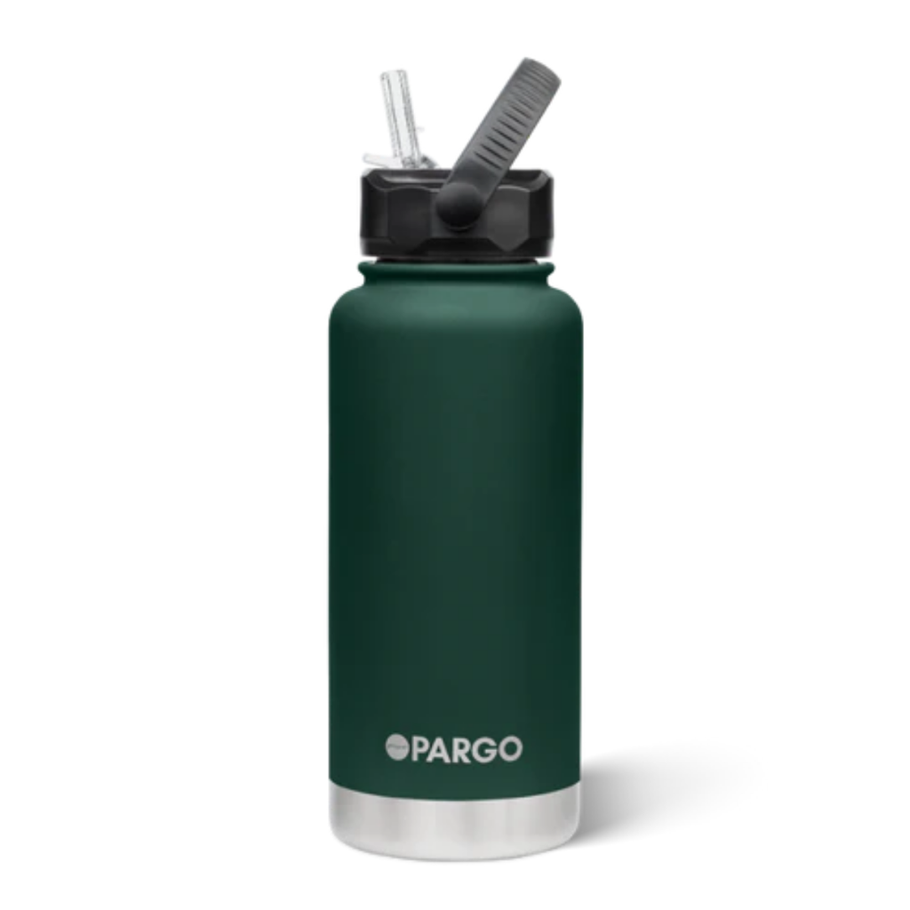 Green water bottle with straw lid on a white background