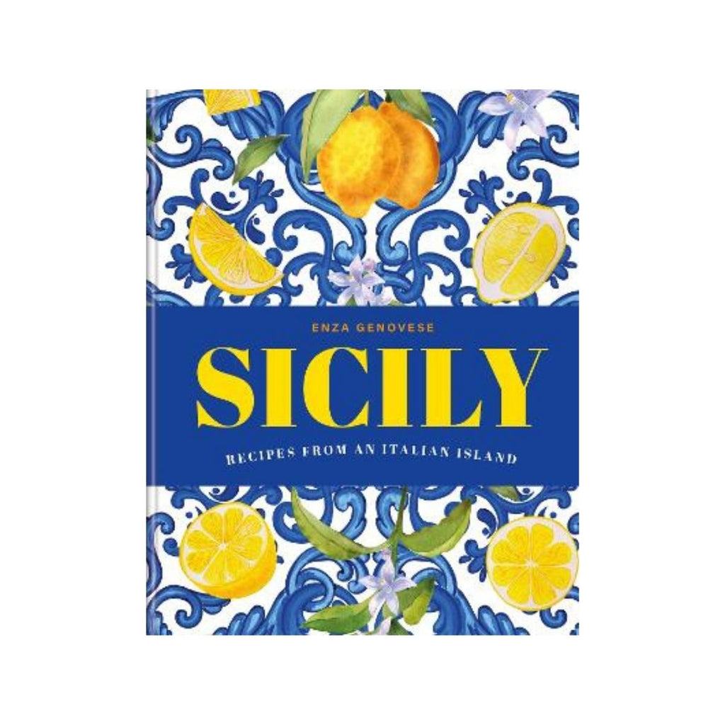 Book cover of 'Sicily: Recipes from an Italian Island' with lemons and floral design