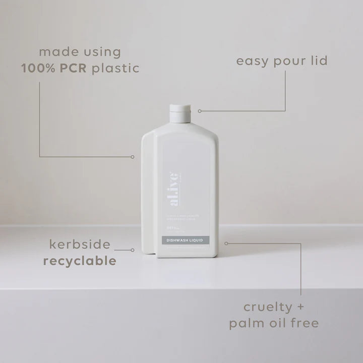 White bottle with text highlighting features on a light gray background