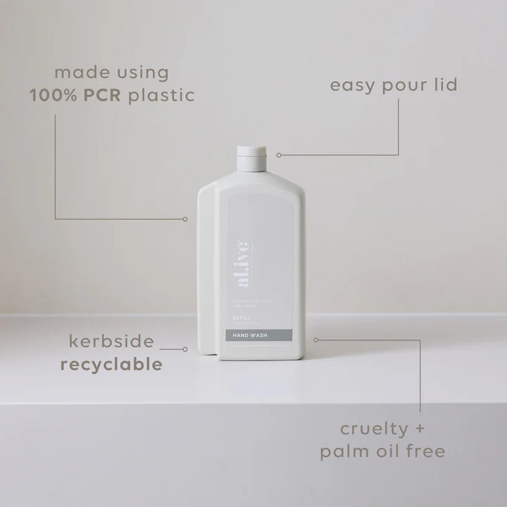 White bottle with text highlighting features on a light gray background