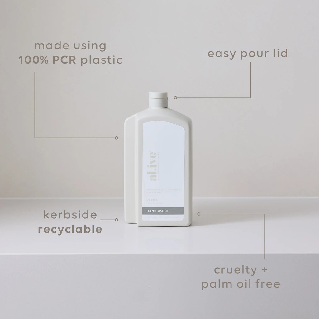 White hand wash bottle with features highlighted on a light gray background