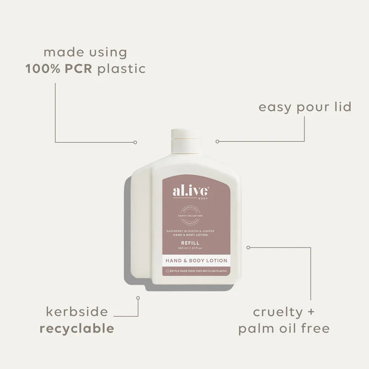 Hand and body lotion refill bottle with features highlighted on a white background
