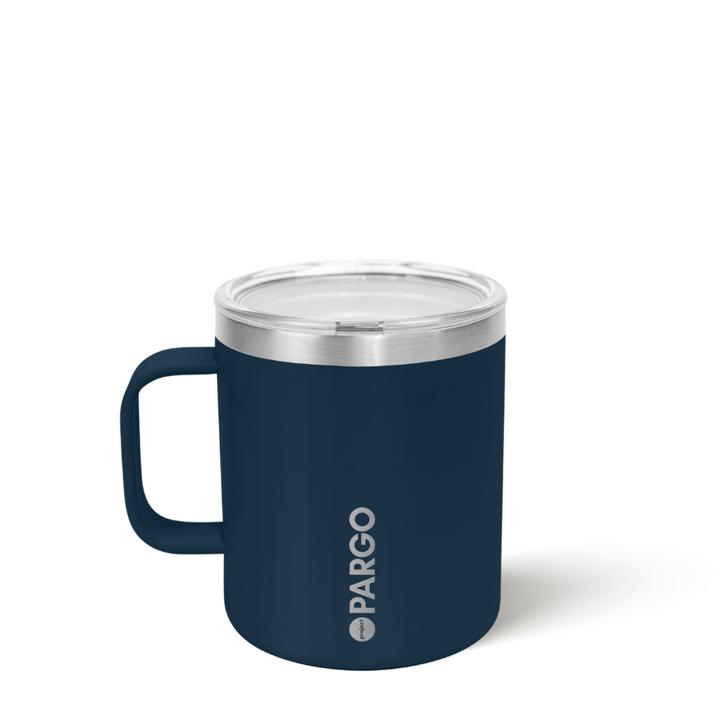 Navy blue insulated mug with silver lid on a white background