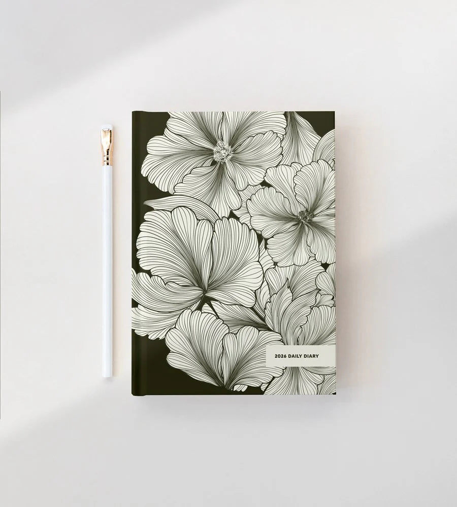 Floral design notebook with '2026 Daily Diary' label on a white background