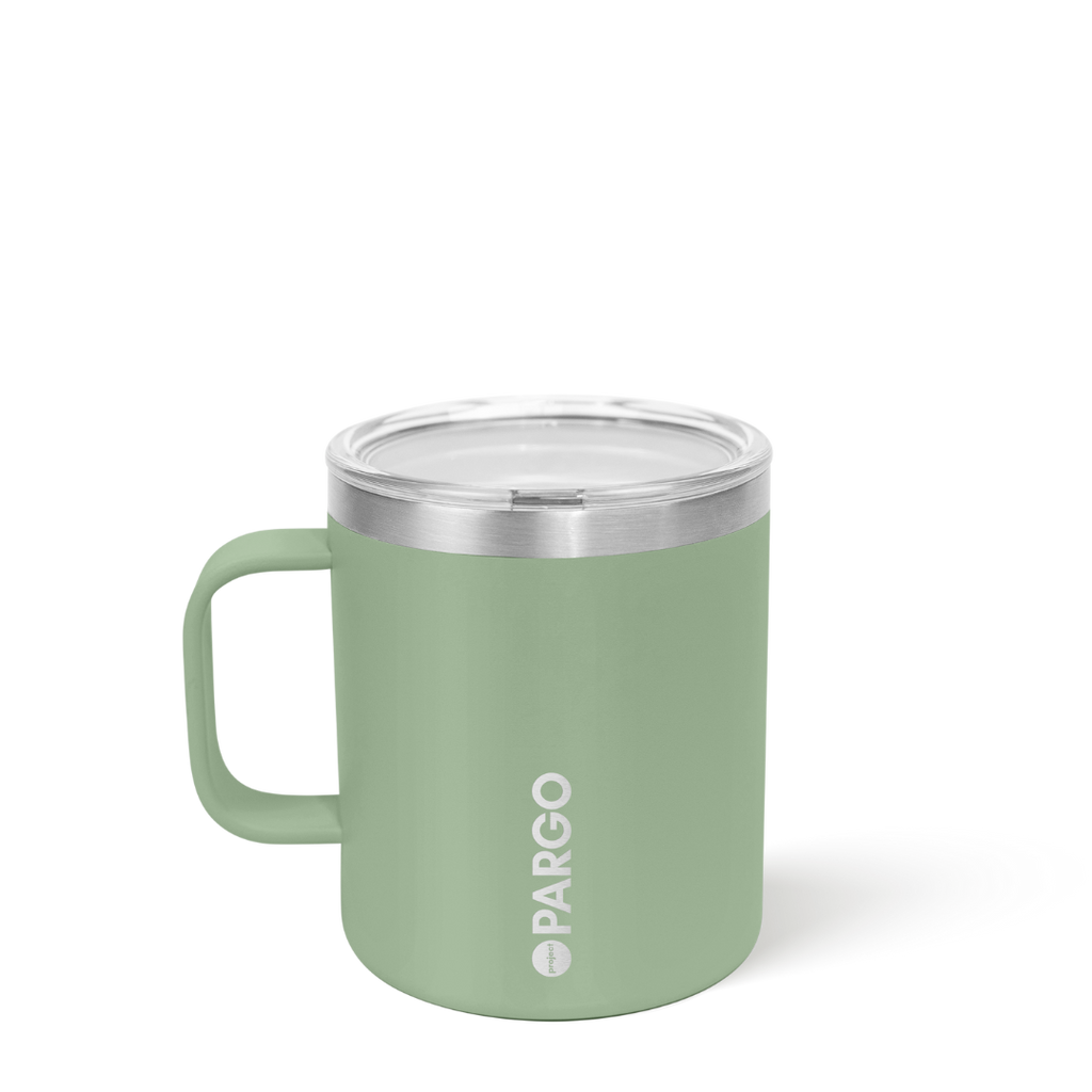 Green insulated mug with silver lid on a white background