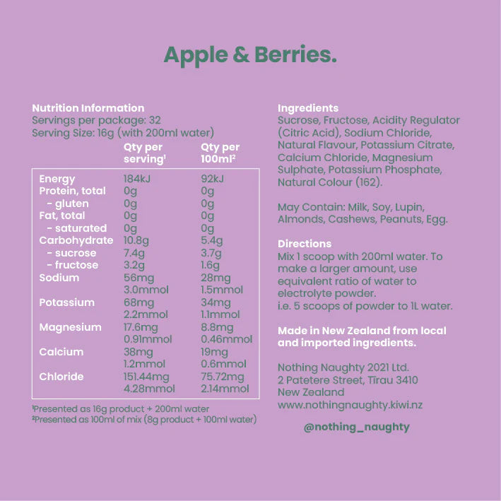Nutrition information and ingredients list for a product labeled 'Apple & Berries' on a purple background.