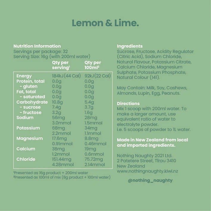 Nutrition information and ingredients list for a product labeled 'Lemon & Lime' on a green background.