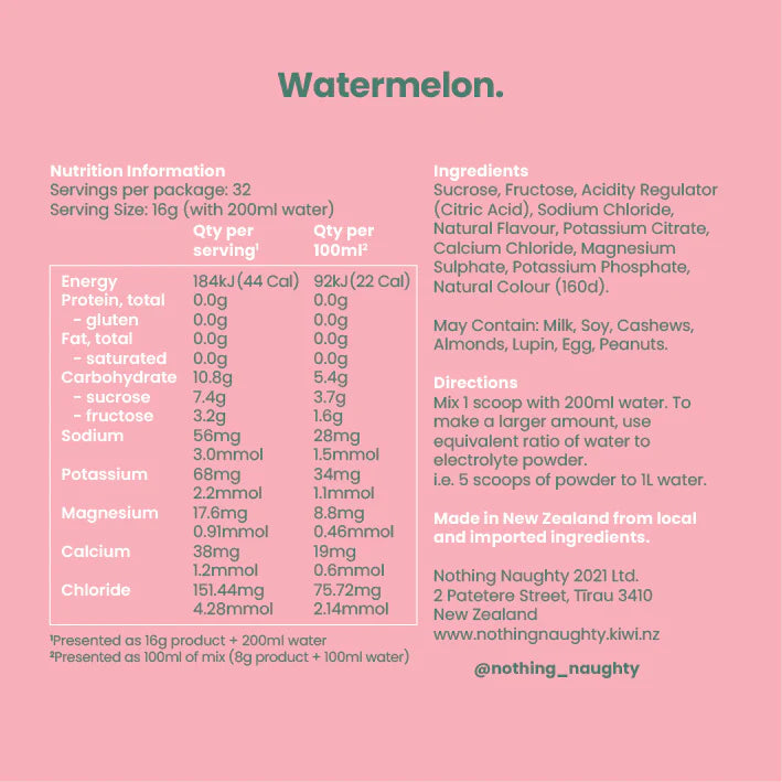 Nutritional information and ingredients list for watermelon-flavored product on a pink background.