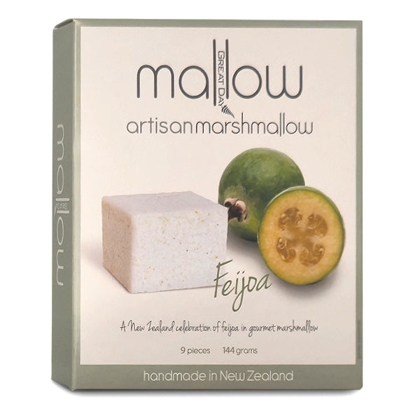 Box of Mallow artisan marshmallow with feijoa flavor on a white background