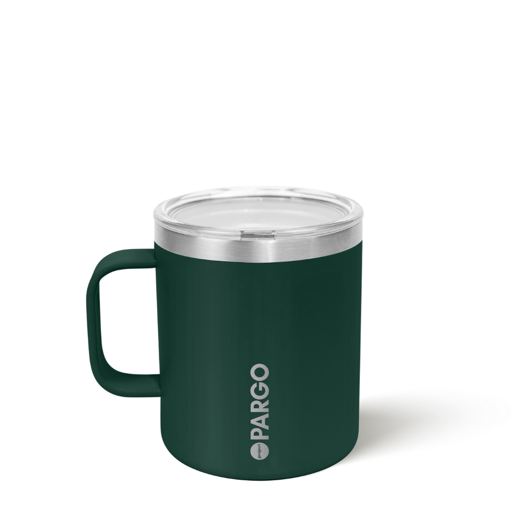 Green insulated mug with silver lid on a white background