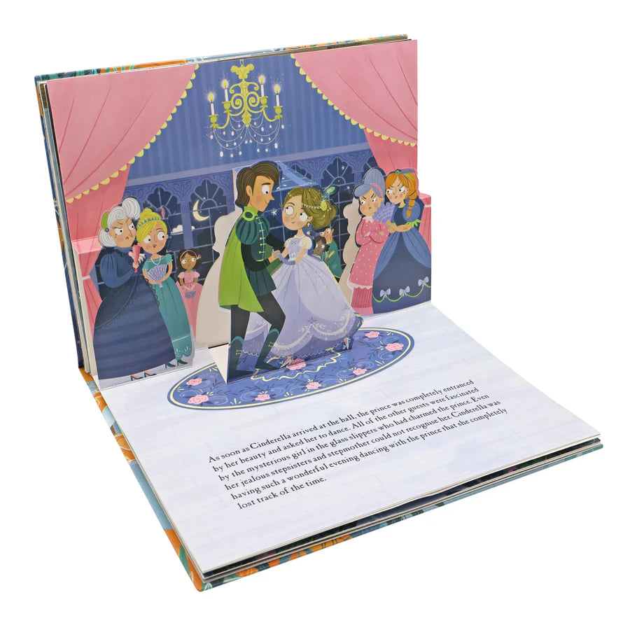 Pop up book of cinderella and her prince charming dancing in a ballroom.