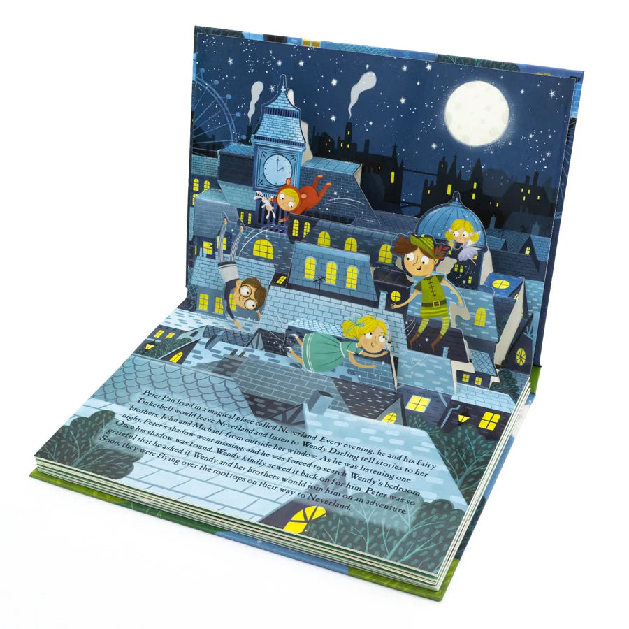 Pop-up book with a nighttime cityscape and characters on a white background