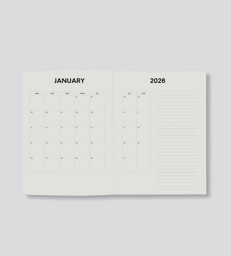 Calendar open to January 2026 on a light gray background