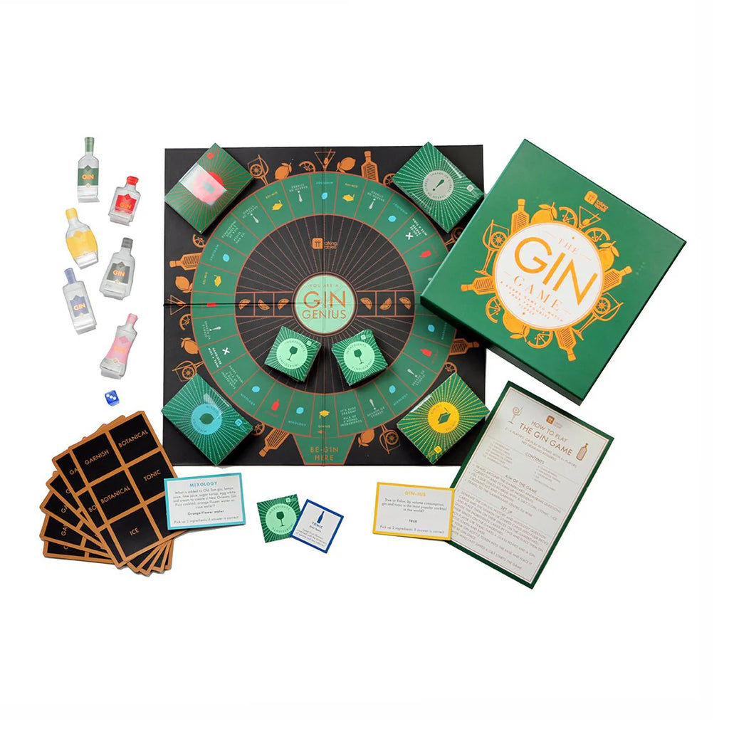 Gin-themed board game set with cards and bottles on a white background