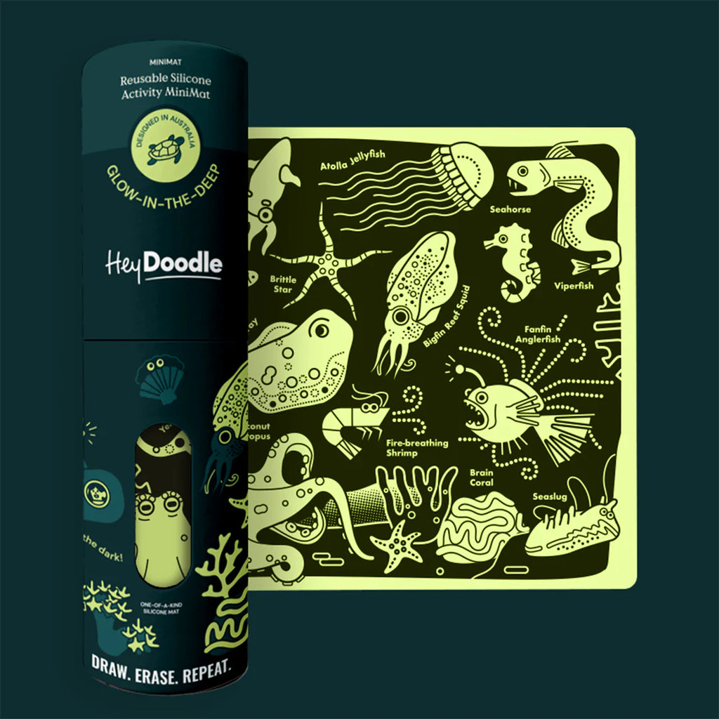 HeyDoodle glow-in-the-dark silicone activity set with illustrations on a dark background