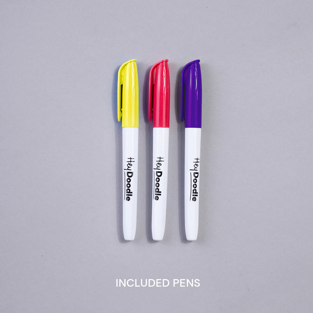 Three colorful markers (yellow, red, purple) with white bodies on a gray background, labeled 'Hey Doodle'.