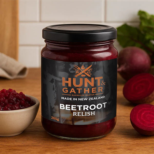 Jar of Hunt & Gather Beetroot Relish on a wooden surface with beetroot and a bowl of relish.