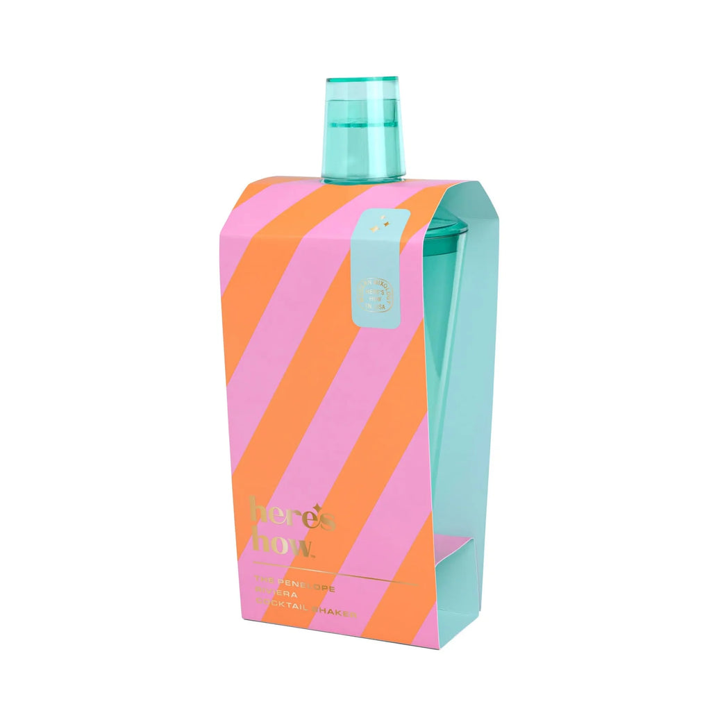 Turquoise plastic shaker in colourful packaging on a white background