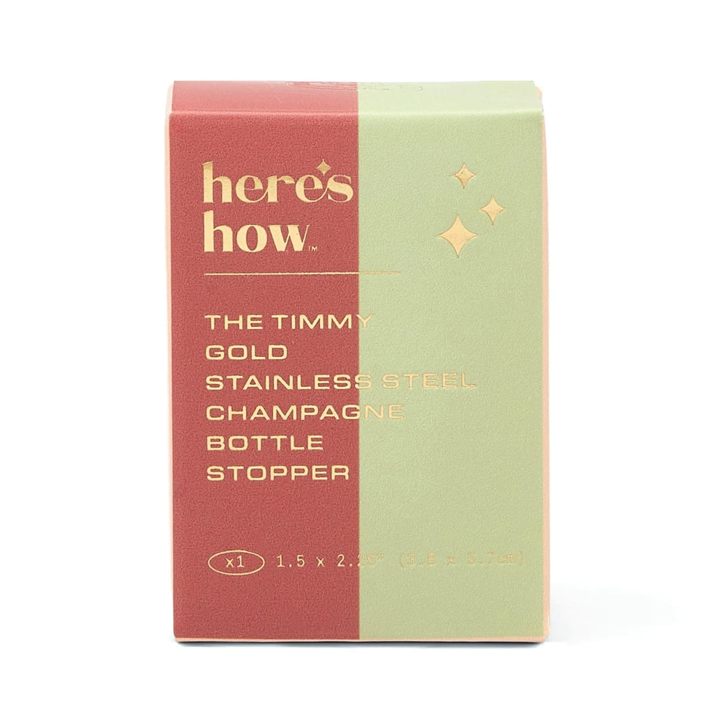 Box of The Timmy Gold Stainless Steel Champagne Bottle Stopper with 'here's how' branding.