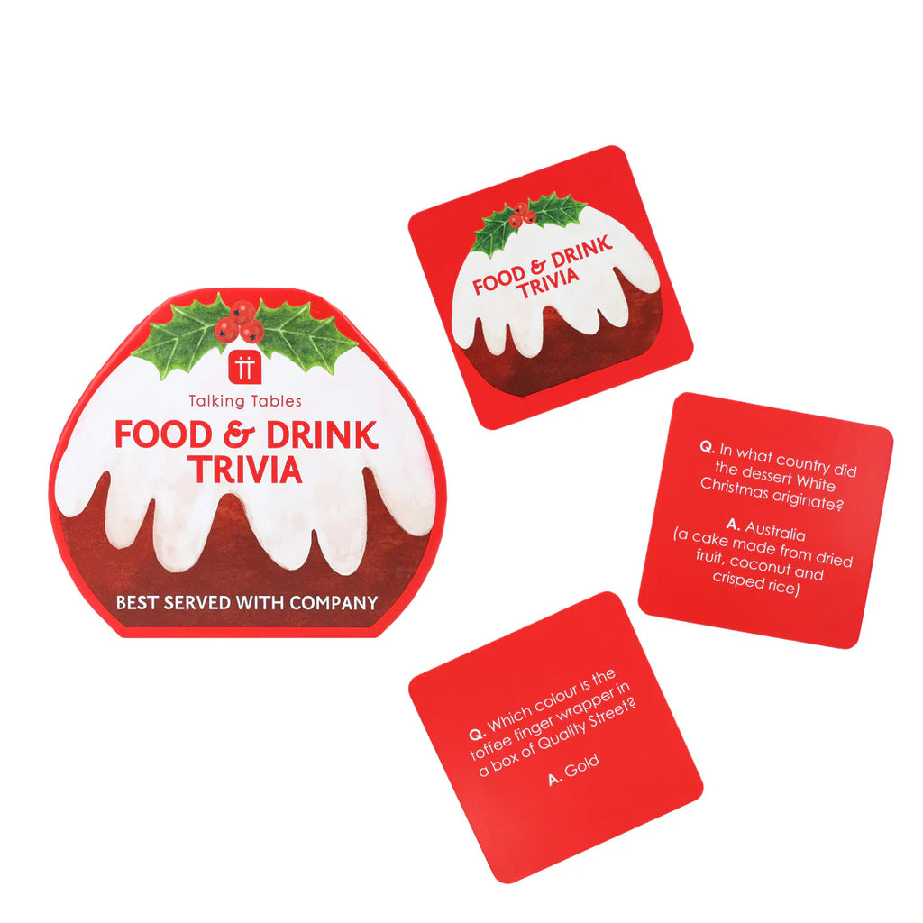 Set of food and drink trivia cards with Christmas-themed design on a white background