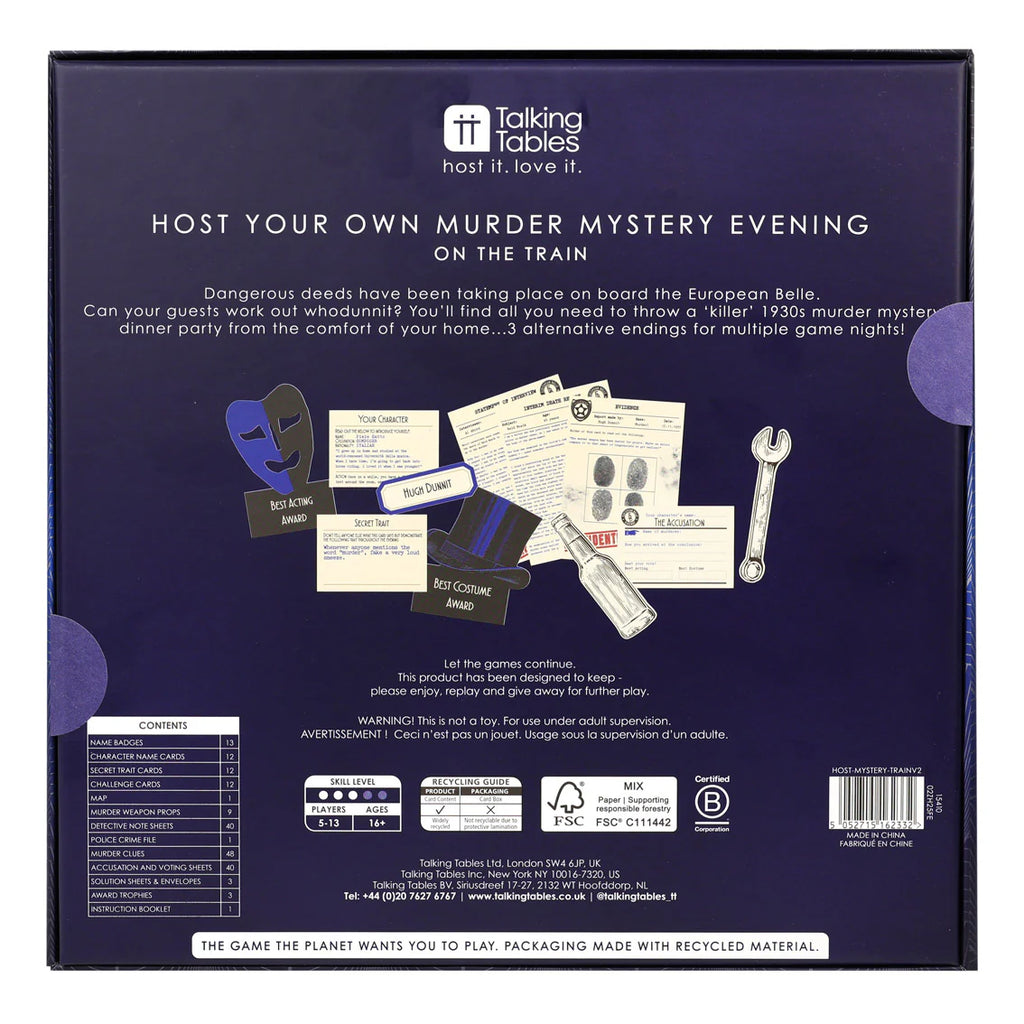 Back of a game box for a murder mystery evening game with text and illustrations.