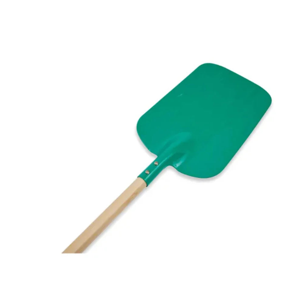 Green plastic gardening tool with a wooden handle on a white background