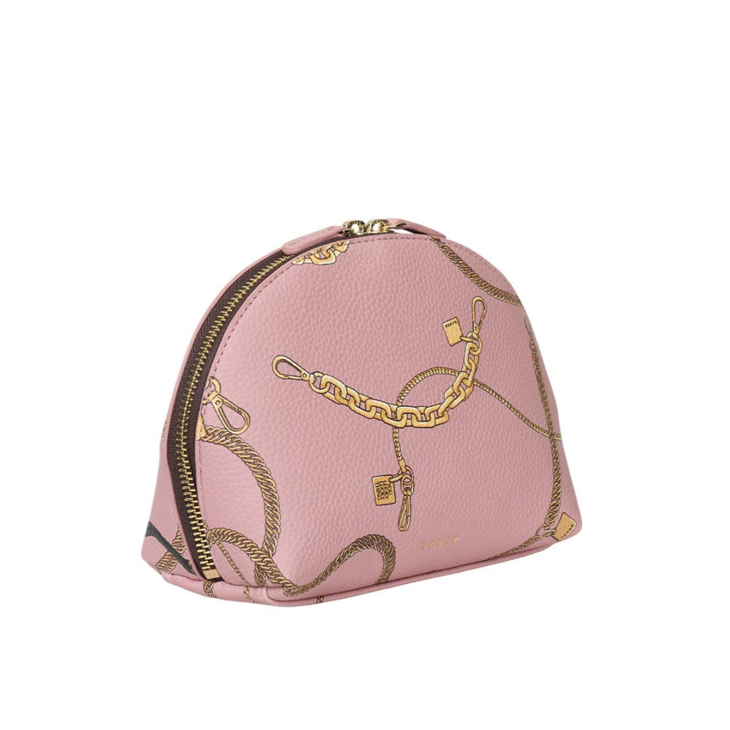 Pink cosmetic bag with gold chain design on a white background