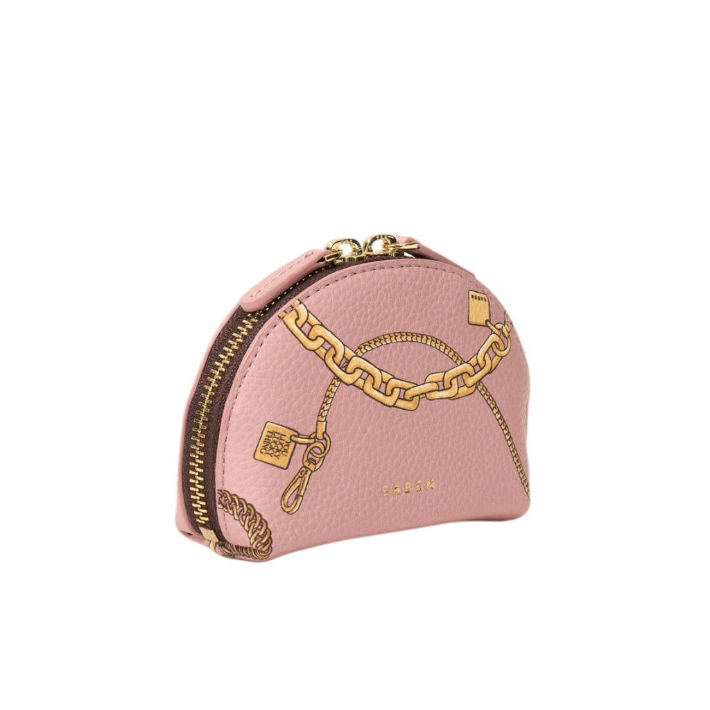 Pink cosmetic bag with gold chain detail on a white background