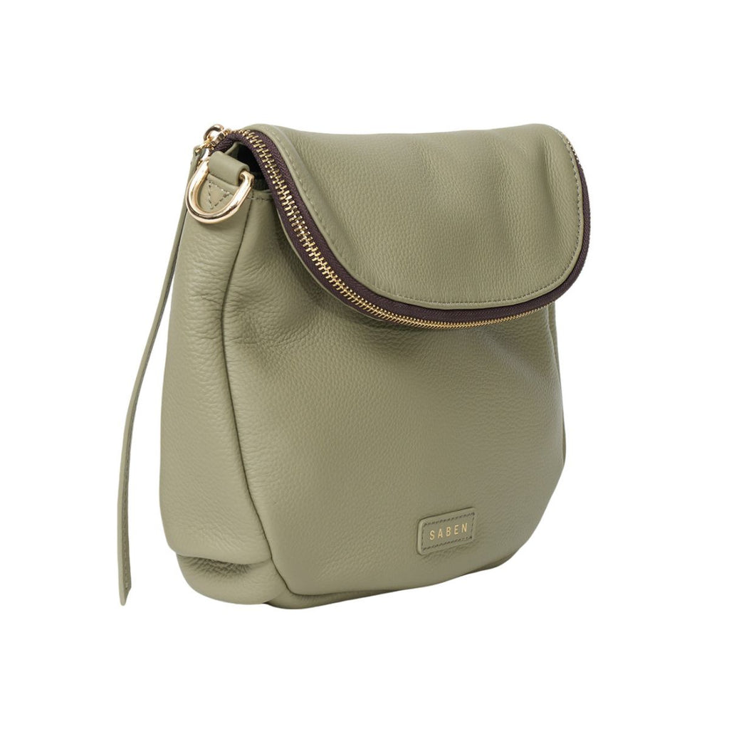 Green handbag with a gold zipper on a white background