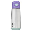 Stainless steel water bottle with a purple cap and green base on a white background