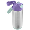Stainless steel water bottle with purple lid and handle on a white background